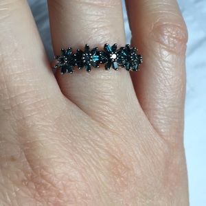 Blue Diamond Flower Band Ring, Size 6